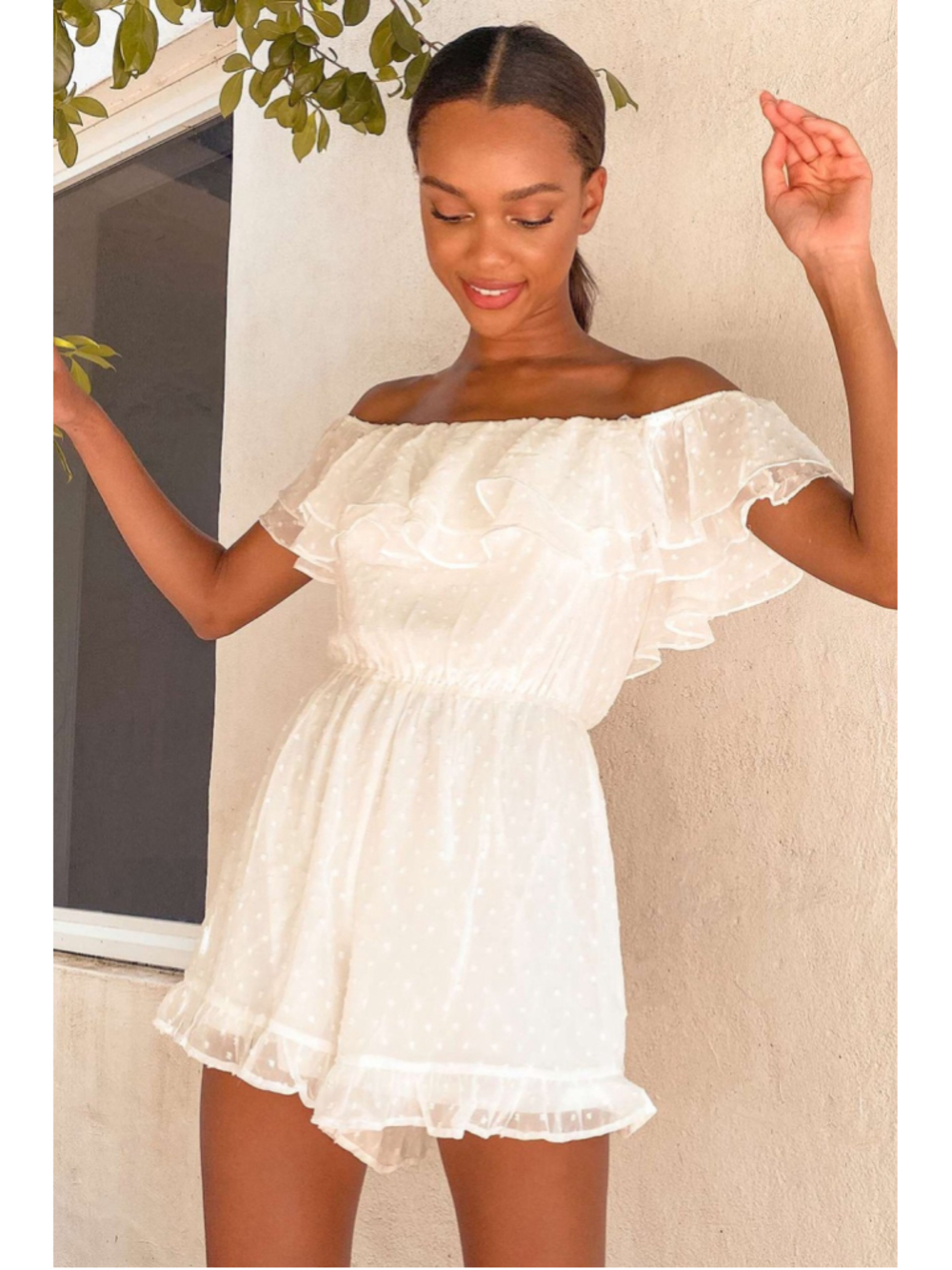 NWT Lulus Frilled to Bits White Swiss Dot Off-the-Shoulder Romper - Picture 2 of 10